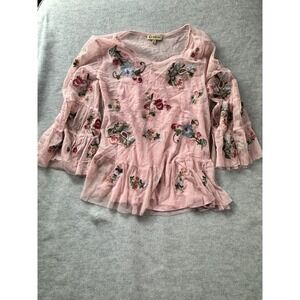 Democracy Pink Mesh Floral Embroidered Bell Sleeve Peplum Top Blouse Medium